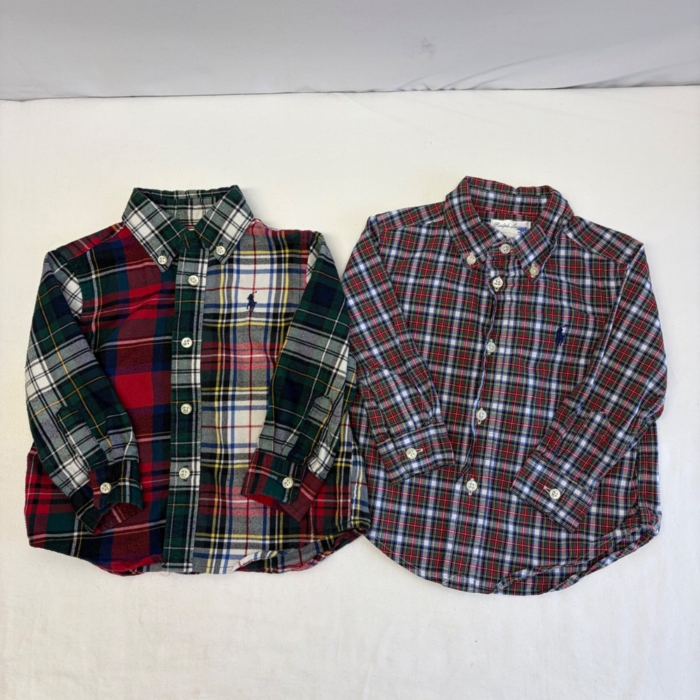Ralph Lauren Plaid Button Down Shirts Baby Boys 12M Lot 2 Multi Color Preppy